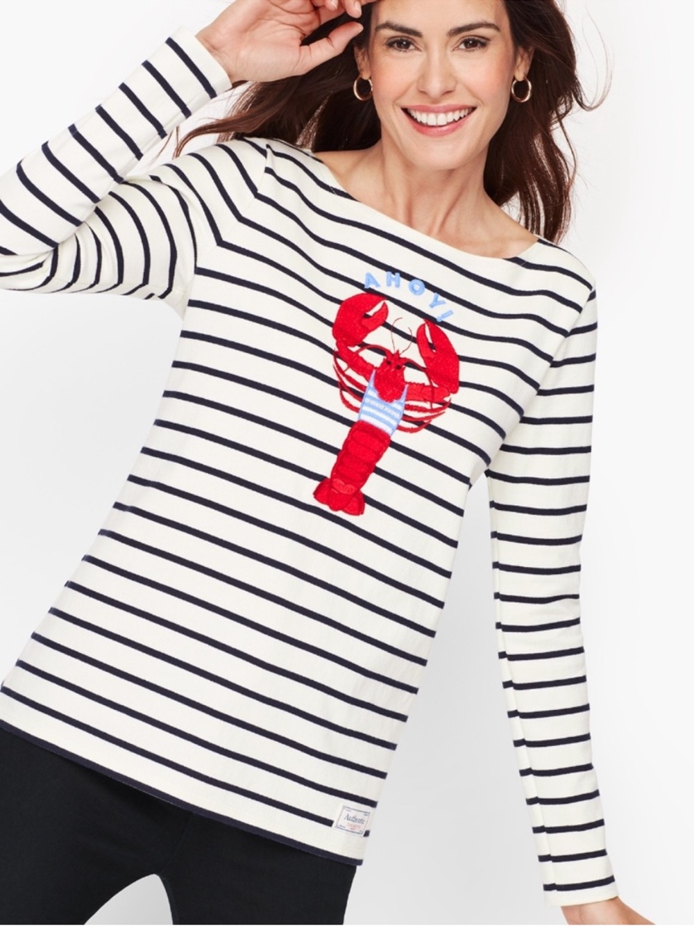 Talbots Cream and Navy Striped Long-Sleeve Top with Red Lobster